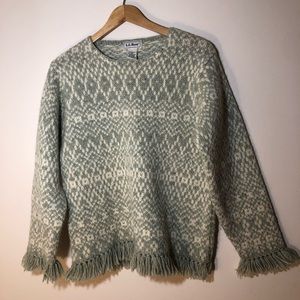 Mint Green and White LL Bean Sweater w/ Fringe